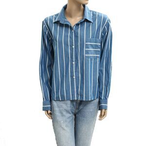 Kerri Rosenthal Striped Print Buttondown Long Sleeve Blue Shirt Top M New 282408